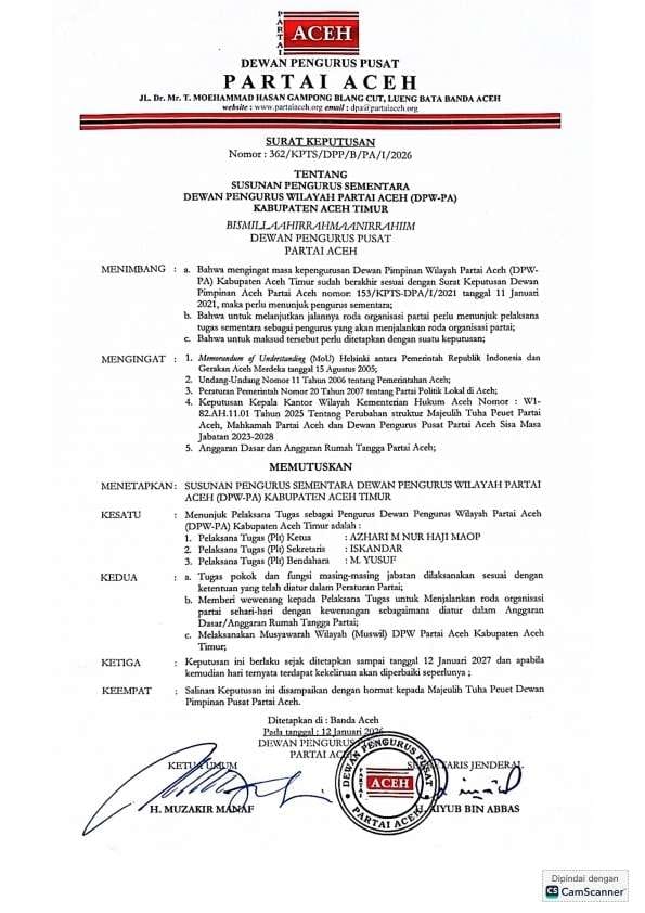 Ketua DPP Partai Aceh Mualem Tunjuk Haji Maop Sebagai Plt.Ketua DPW Partai Aceh Kabupaten Aceh Timur