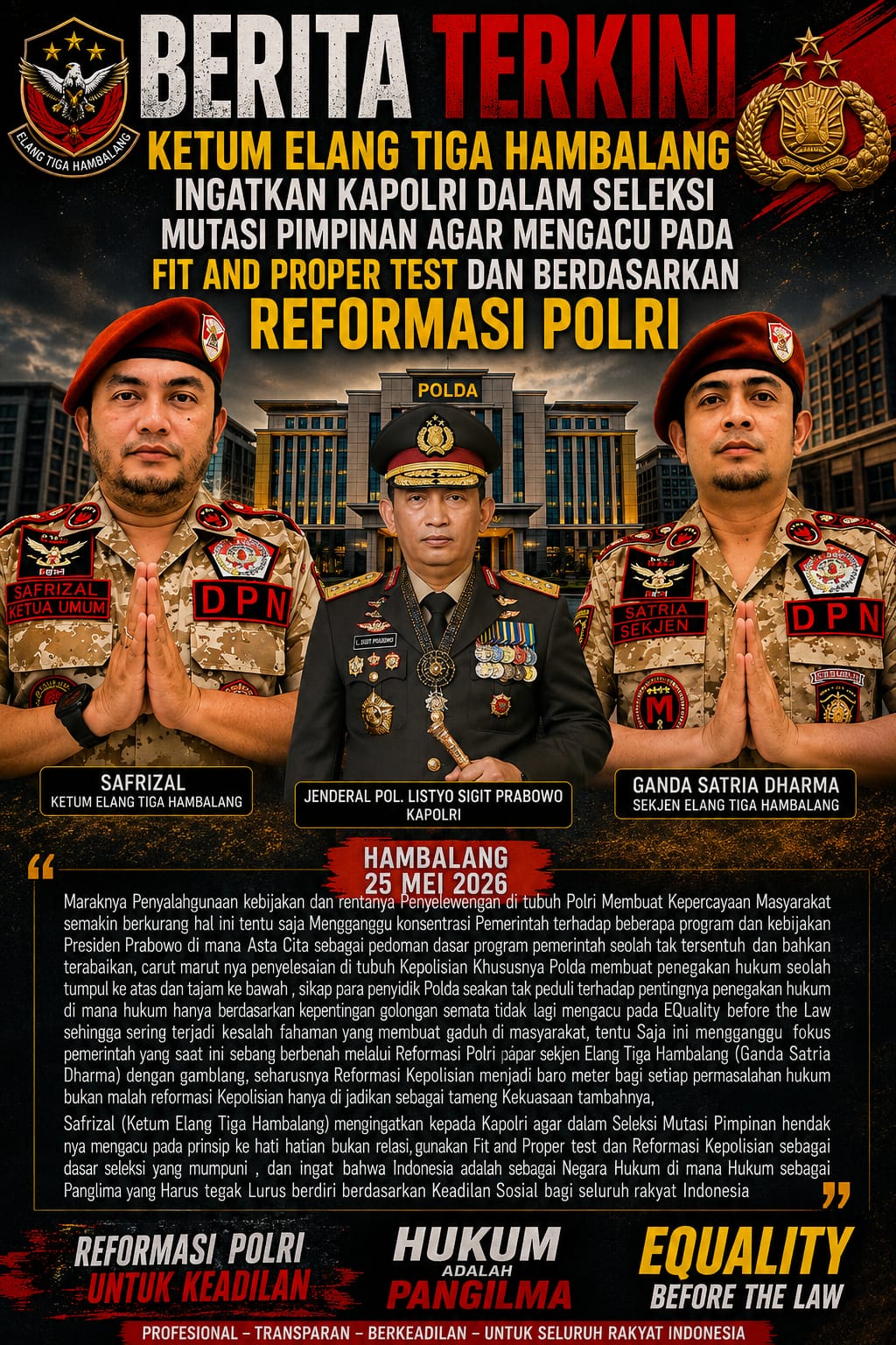 Ketum Elang Tiga Hambalang Ingatkan Kapolri dalam Seleksi Mutasi Pimpinan agar mengacu pada Fit and proper test dan berdasarkan Reformasi Polri